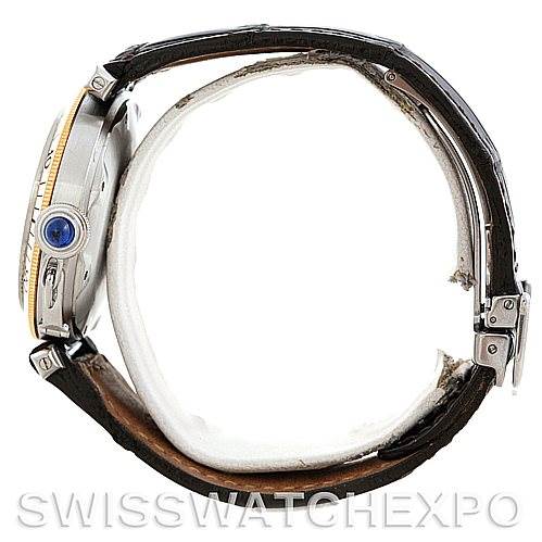 This image shows a side view of a Cartier Pasha W3101255 Men's Stainless Steel Silver Dial W3101255 Men's Stainless Steel Silver Dial watch, highlighting the crown, bezel, and leather strap.