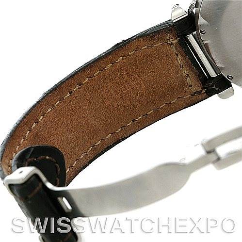 This image shows a close-up of the leather strap and part of the clasp of the Cartier Pasha W3101255 Men's Stainless Steel Silver Dial W3101255 Men's Stainless Steel Silver Dial model watch.