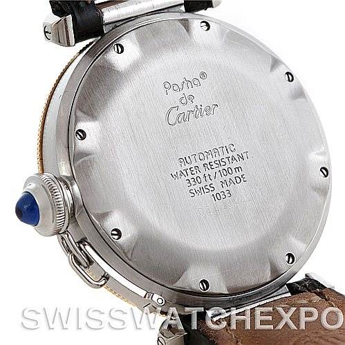 This image shows the back case of a Cartier Pasha W3101255 Men's Stainless Steel Silver Dial W3101255 Men's Stainless Steel Silver Dial watch, including the crown and part of the leather strap.