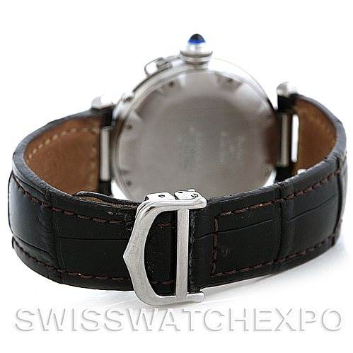 The image shows the back view of a Cartier Pasha W3101255 Men's Stainless Steel Silver Dial W3101255 Men's Stainless Steel Silver Dial watch, highlighting the strap, buckle, and case back.