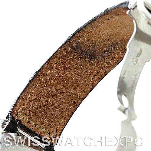 This image shows the back view of a leather strap and clasp of a Cartier Pasha W3101255 Men's Stainless Steel Silver Dial W3101255 Men's Stainless Steel Silver Dial watch.