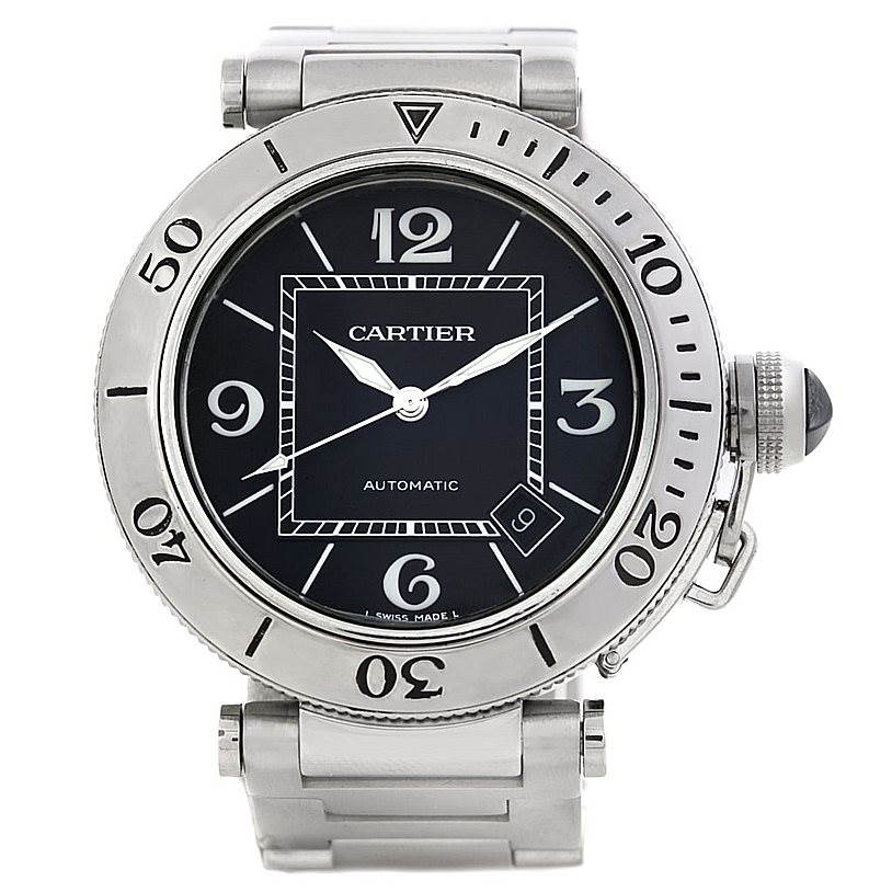This is a front view of the Cartier Pasha W31077M7 Men's Stainless Steel Black Dial W31077M7 Men's Stainless Steel Black Dial watch, showing its face, bezel, and part of the metal bracelet.