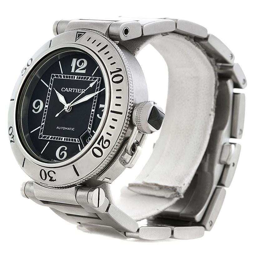 The image shows a side angle of the Cartier Pasha W31077M7 Men's Stainless Steel Black Dial W31077M7 Men's Stainless Steel Black Dial watch, highlighting the bezel, dial, crown, and metal bracelet.