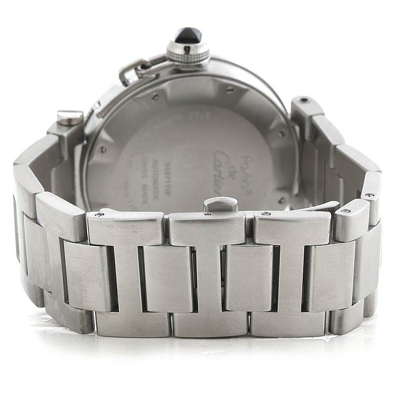 The image shows the back side of a Cartier Pasha W31077M7 Men's Stainless Steel Black Dial W31077M7 Men's Stainless Steel Black Dial watch, highlighting its case back and metal bracelet.