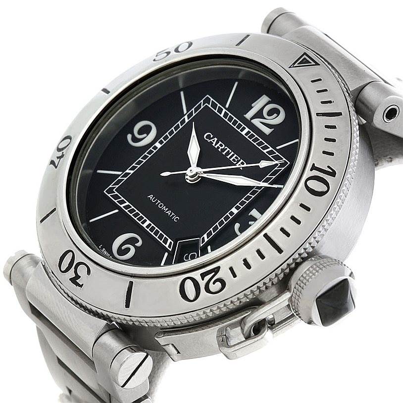 The image shows a Cartier Pasha W31077M7 Men's Stainless Steel Black Dial W31077M7 Men's Stainless Steel Black Dial model watch from a front-angle view, highlighting its dial, bezel, and crown.