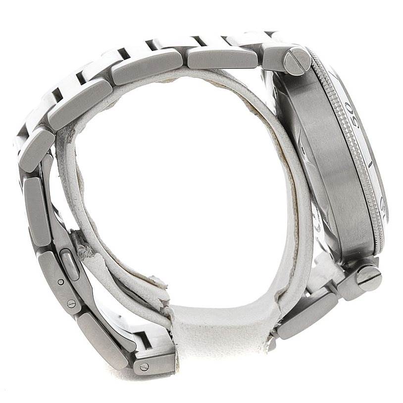 The image shows a side view of a Cartier Pasha W31077M7 Men's Stainless Steel Black Dial W31077M7 Men's Stainless Steel Black Dial watch, highlighting the case, bezel, crown, and metal bracelet.