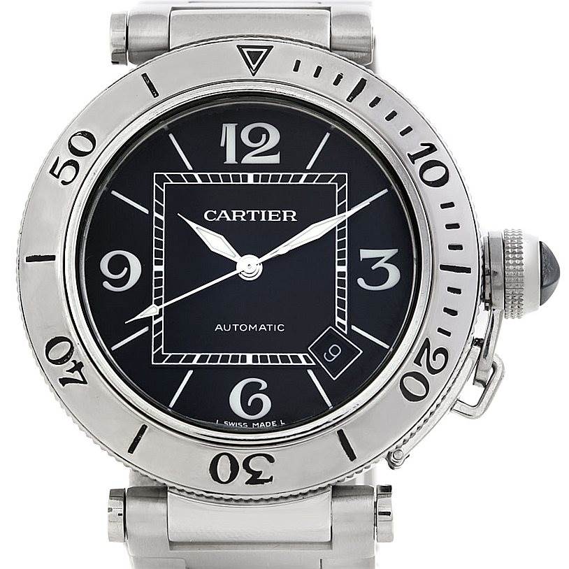 This image shows a front view of the Cartier Pasha W31077M7 Men's Stainless Steel Black Dial W31077M7 Men's Stainless Steel Black Dial watch displaying its face, bezel, and part of the bracelet.