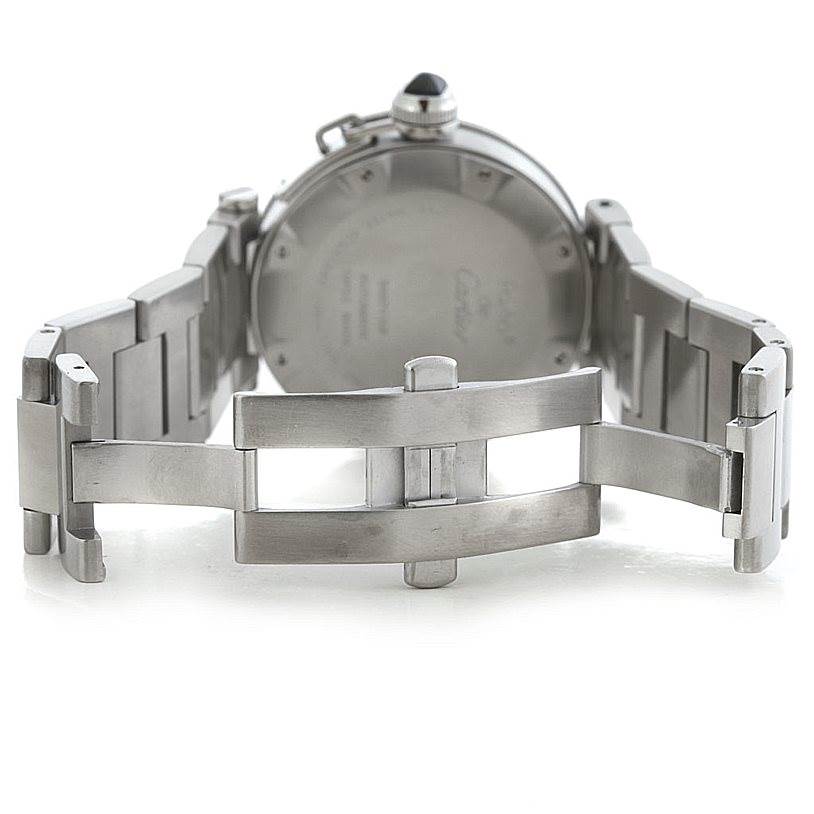 This image shows the back view of a Cartier Pasha W31077M7 Men's Stainless Steel Black Dial W31077M7 Men's Stainless Steel Black Dial watch with an open metal bracelet and clasp.