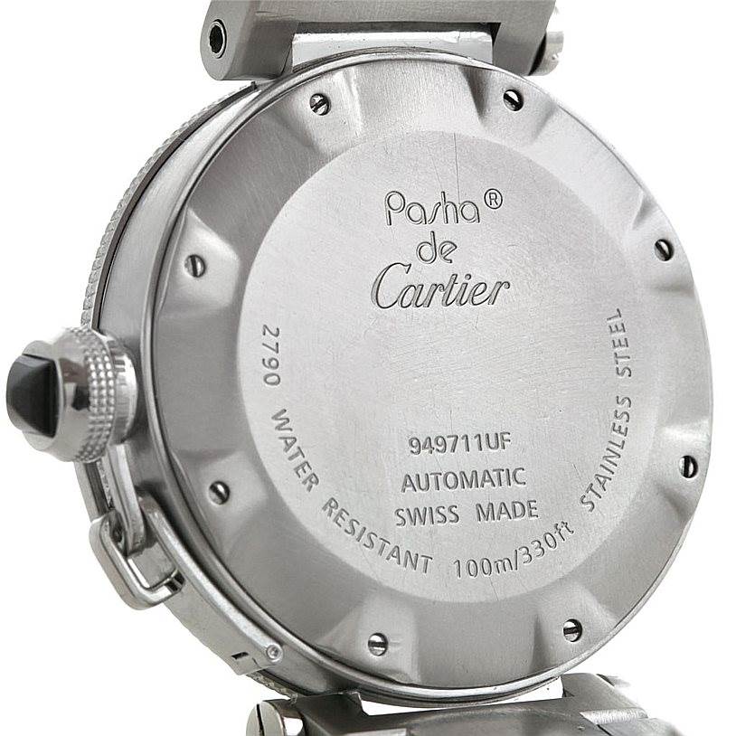 This image shows the back case and crown of a Cartier Pasha W31077M7 Men's Stainless Steel Black Dial W31077M7 Men's Stainless Steel Black Dial watch.