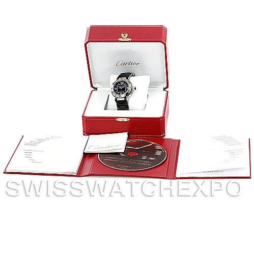 The image shows a Cartier Pasha W31077U2 Men
s Stainless Steel Black Dial W31077U2 Men
s Stainless Steel Black Dial watch in its open box, alongside documents and a CD, all viewed from the front.