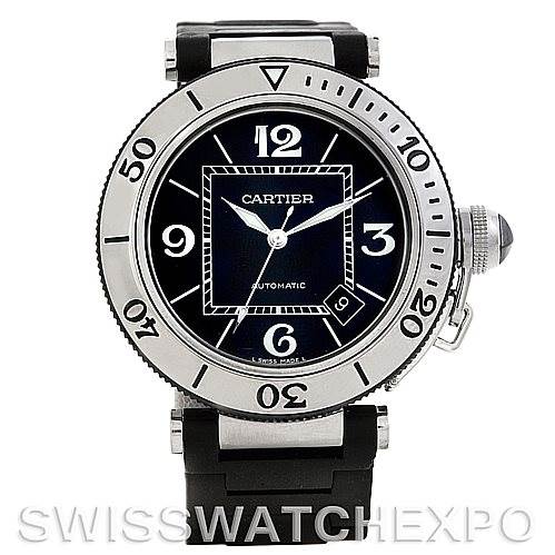 The image shows a front view of a Cartier Pasha W31077U2 Men
s Stainless Steel Black Dial W31077U2 Men
s Stainless Steel Black Dial watch, highlighting its dial, bezel, and strap.