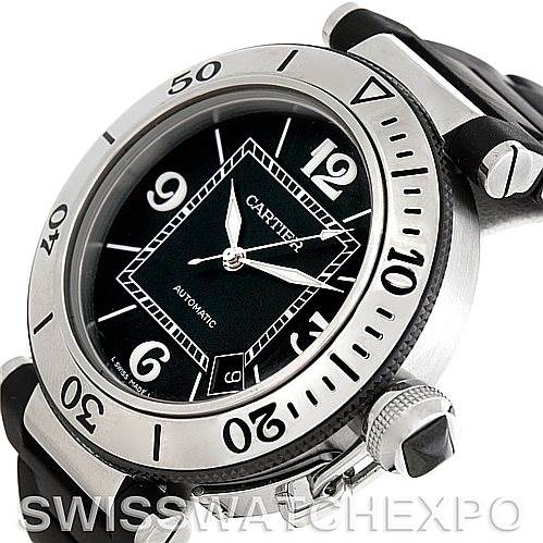 The image shows a close-up, angled view of the Cartier Pasha W31077U2 Men
s Stainless Steel Black Dial W31077U2 Men
s Stainless Steel Black Dial watch, highlighting its bezel, crown, dial, and strap.