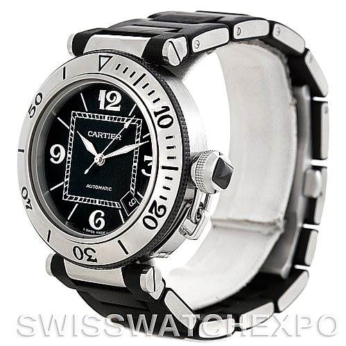 This image shows a Cartier Pasha W31077U2 Men
s Stainless Steel Black Dial W31077U2 Men
s Stainless Steel Black Dial watch from an angled, front-left view, highlighting the bezel, dial, crown, and strap.