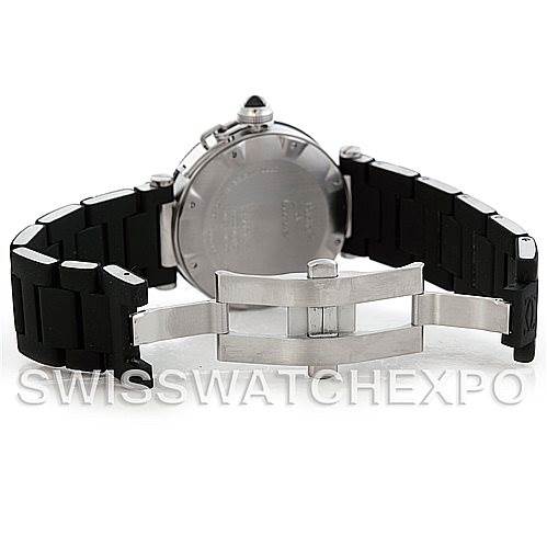 The image shows the back angle of a Cartier Pasha W31077U2 Men
s Stainless Steel Black Dial W31077U2 Men
s Stainless Steel Black Dial model watch, highlighting its black rubber strap and clasp mechanism.