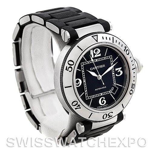 The image shows a side angle of the Cartier Pasha W31077U2 Men
s Stainless Steel Black Dial W31077U2 Men
s Stainless Steel Black Dial model, highlighting its bezel, dial, and rubber strap.