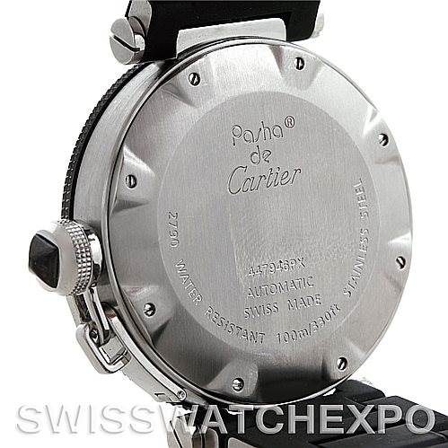This image shows the case back and part of the crown of a Cartier Pasha W31077U2 Men
s Stainless Steel Black Dial W31077U2 Men
s Stainless Steel Black Dial watch.