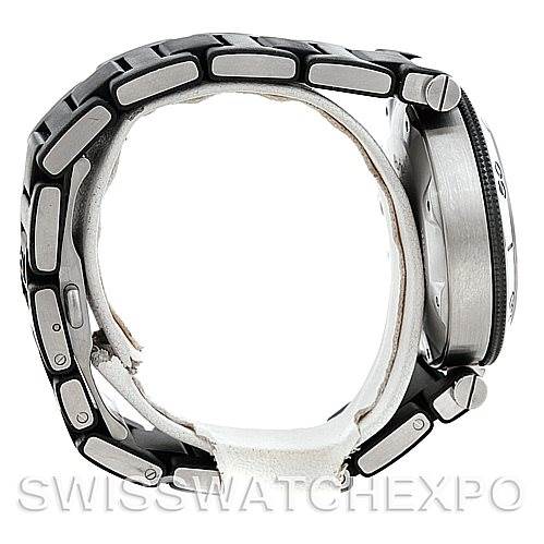 The image shows a side view of a Cartier Pasha W31077U2 Men
s Stainless Steel Black Dial W31077U2 Men
s Stainless Steel Black Dial watch, highlighting the bracelet links and the watch crown.