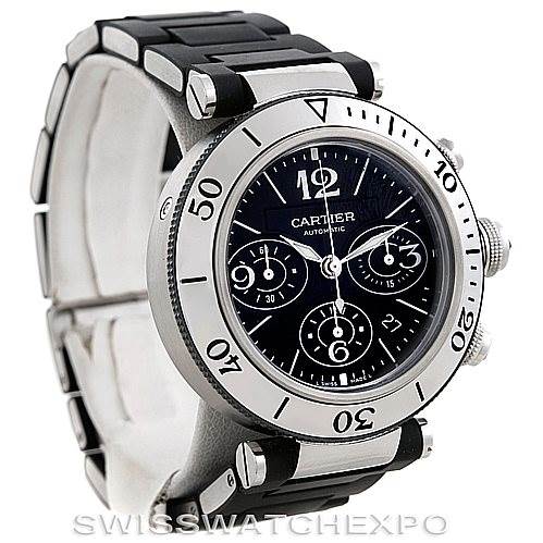 The image shows a Cartier Pasha W31088U2 Men
s Stainless Steel Black Dial W31088U2 Men
s Stainless Steel Black Dial watch at a three-quarter angle, highlighting the black dial, bezel, and part of the strap.