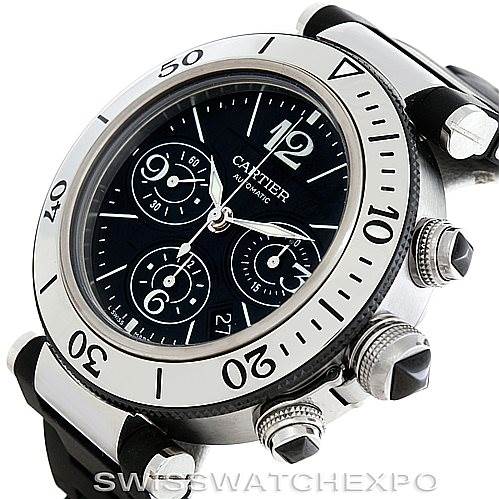 The image shows a Cartier Pasha W31088U2 Men
s Stainless Steel Black Dial W31088U2 Men
s Stainless Steel Black Dial watch at an angle highlighting the bezel, crown, pushers, black dial, and chronograph subdials.