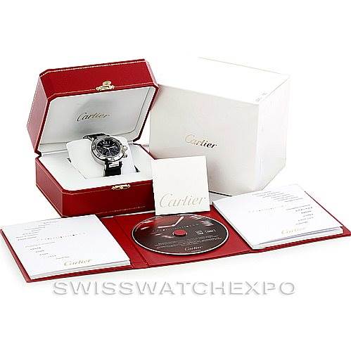 The image shows a Cartier Pasha W31088U2 Men
s Stainless Steel Black Dial W31088U2 Men
s Stainless Steel Black Dial watch at a slight angle in its box, along with accessories including manuals and a CD.