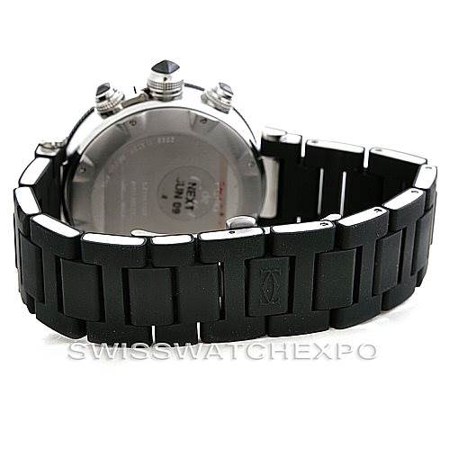 The image shows the back and side view of a Cartier Pasha W31088U2 Men
s Stainless Steel Black Dial W31088U2 Men
s Stainless Steel Black Dial watch, highlighting its metal back case, black strap, and side crowns.