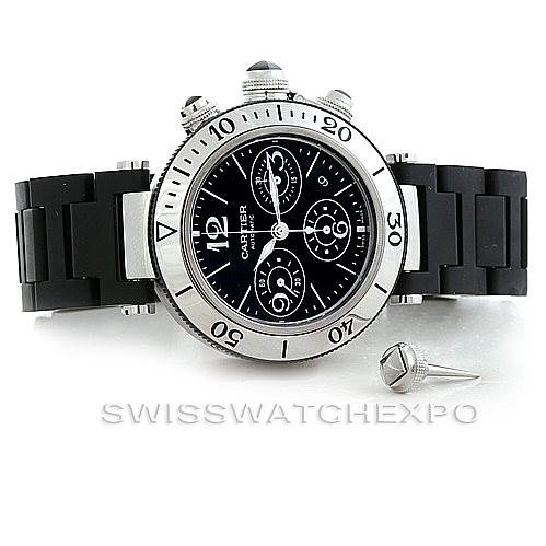 The image shows a front view of the Cartier Pasha W31088U2 Men
s Stainless Steel Black Dial W31088U2 Men
s Stainless Steel Black Dial watch and an additional screw-in crown.