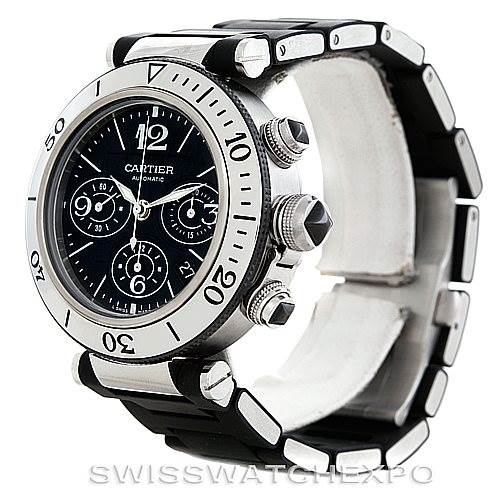 This image shows a side angle of the Cartier Pasha W31088U2 Men
s Stainless Steel Black Dial W31088U2 Men
s Stainless Steel Black Dial watch, highlighting its bezel, crown, chronograph pushers, and bracelet.