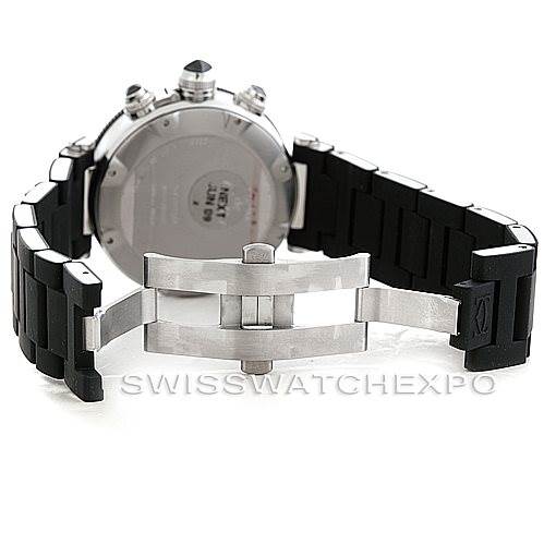 The image shows the back case and partially open black rubber strap of a Cartier Pasha W31088U2 Men
s Stainless Steel Black Dial W31088U2 Men
s Stainless Steel Black Dial watch.