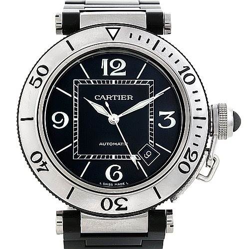 The image shows a front view of the Cartier Pasha W31077U2 Men
s Stainless Steel Black Dial W31077U2 Men
s Stainless Steel Black Dial watch, highlighting the dial, bezel, crown, and part of the bracelet.