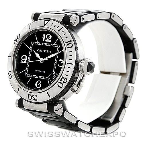 This image shows a Cartier Pasha W31077U2 Men
s Stainless Steel Black Dial W31077U2 Men
s Stainless Steel Black Dial model watch at a slight angle, highlighting its face, bezel, crown, and bracelet.