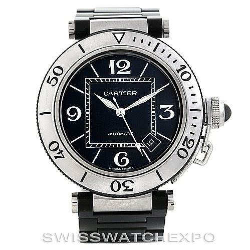 The image shows a front view of the Cartier Pasha W31077U2 Men
s Stainless Steel Black Dial W31077U2 Men
s Stainless Steel Black Dial model watch, highlighting its dial, bezel, crown, and bracelet.