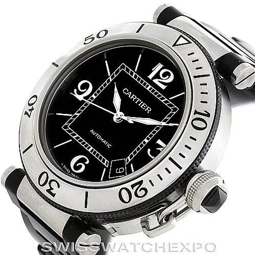 This image shows the Cartier Pasha W31077U2 Men
s Stainless Steel Black Dial W31077U2 Men
s Stainless Steel Black Dial watch at an oblique angle, highlighting the dial, bezel, crown, and part of the strap.