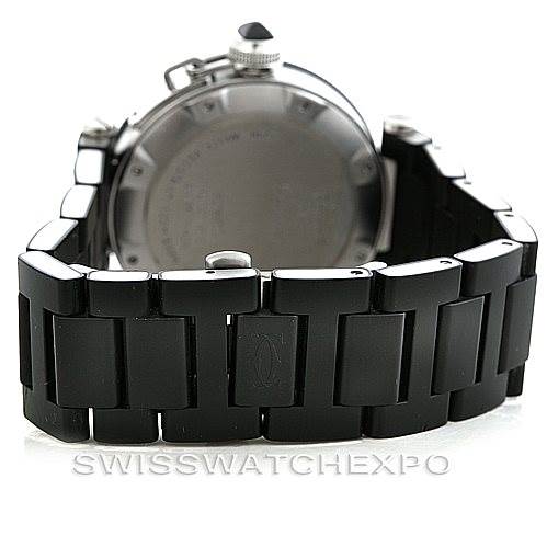 The image shows the back case and black bracelet of a Cartier Pasha W31077U2 Men
s Stainless Steel Black Dial W31077U2 Men
s Stainless Steel Black Dial watch.
