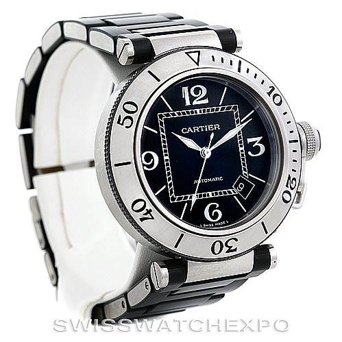 This image shows a Cartier Pasha W31077U2 Men
s Stainless Steel Black Dial W31077U2 Men
s Stainless Steel Black Dial model watch at a three-quarter angle, highlighting the face, bezel, and part of the bracelet.