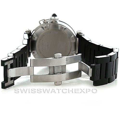 This image shows the back view of a Cartier Pasha W31077U2 Men
s Stainless Steel Black Dial W31077U2 Men
s Stainless Steel Black Dial watch, focusing on the open clasp and the rubber strap.