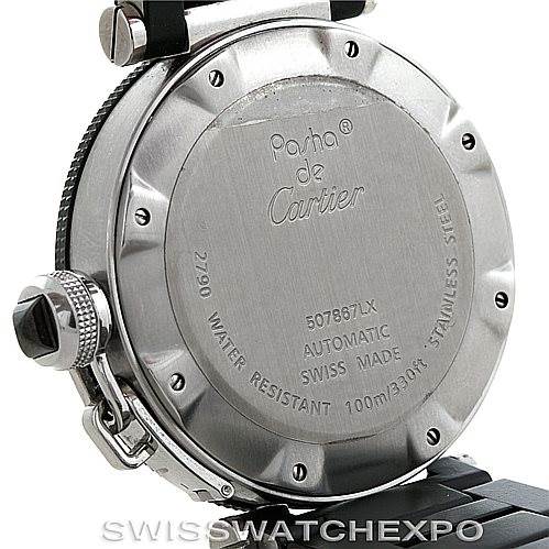 This image shows the back of a Cartier Pasha W31077U2 Men
s Stainless Steel Black Dial W31077U2 Men
s Stainless Steel Black Dial watch, highlighting the engraved details and crown.