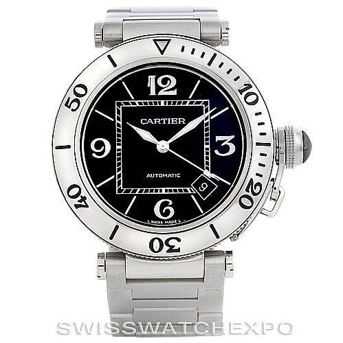 This image shows a frontal view of a Cartier Pasha W31077M7 Men's Stainless Steel Black Dial W31077M7 Men's Stainless Steel Black Dial watch, highlighting its dial, bezel, and bracelet.