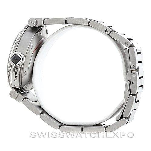 A Cartier Pasha W31077M7 Men's Stainless Steel Black Dial W31077M7 Men's Stainless Steel Black Dial model watch shown from a side angle, highlighting its crown and bracelet.