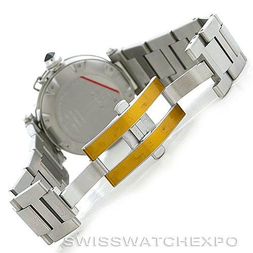 The image shows the back of a Cartier Pasha W31077M7 Men's Stainless Steel Black Dial W31077M7 Men's Stainless Steel Black Dial watch and its stainless steel bracelet with gold accents.