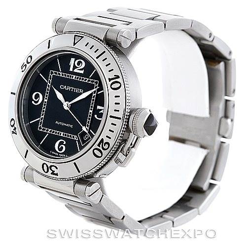 The image shows a side-view angle of a Cartier Pasha W31077M7 Men's Stainless Steel Black Dial W31077M7 Men's Stainless Steel Black Dial watch, highlighting its face, bezel, crown, and metal strap.