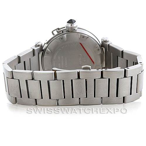This image shows the back case and stainless steel bracelet of a Cartier Pasha W31077M7 Men's Stainless Steel Black Dial W31077M7 Men's Stainless Steel Black Dial watch from a rear angle.