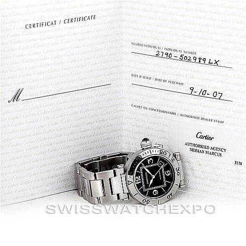 The image shows a Cartier Pasha W31077M7 Men's Stainless Steel Black Dial W31077M7 Men's Stainless Steel Black Dial watch with its certificate, displaying the front of the watch and metal bracelet.