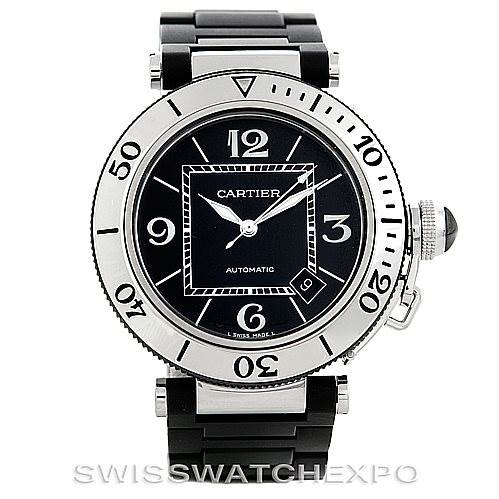 This image shows a front view of the Cartier Pasha W31077U2 Men's Stainless Steel Black Dial W31077U2 Men's Stainless Steel Black Dial model watch, highlighting the dial, bezel, crown, and bracelet.