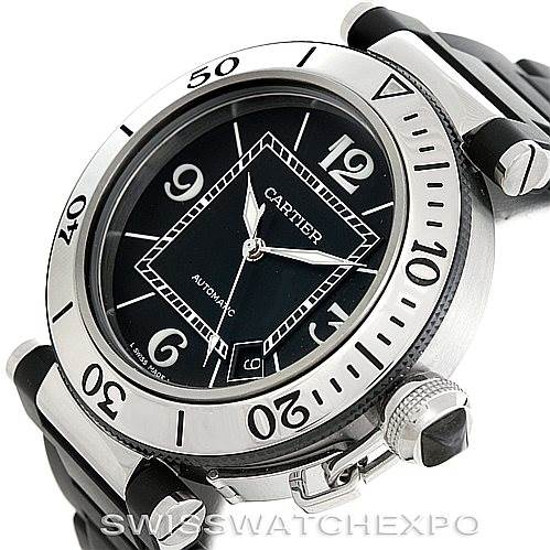 This image shows a slanted side view of the Cartier Pasha W31077U2 Men's Stainless Steel Black Dial W31077U2 Men's Stainless Steel Black Dial watch, highlighting the bezel, dial, crown, and part of the bracelet.