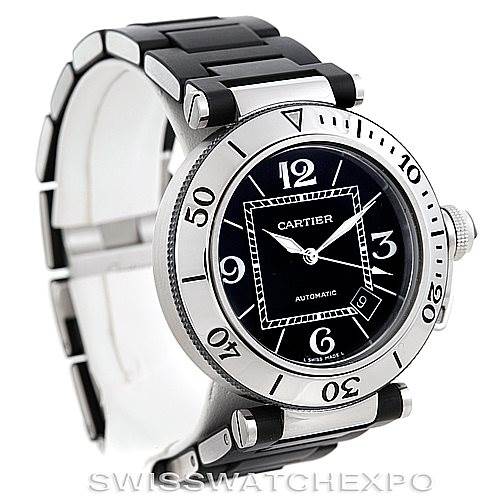 This image shows a Cartier Pasha W31077U2 Men's Stainless Steel Black Dial W31077U2 Men's Stainless Steel Black Dial model watch from an angled side view, highlighting the dial, bracelet, and crown.