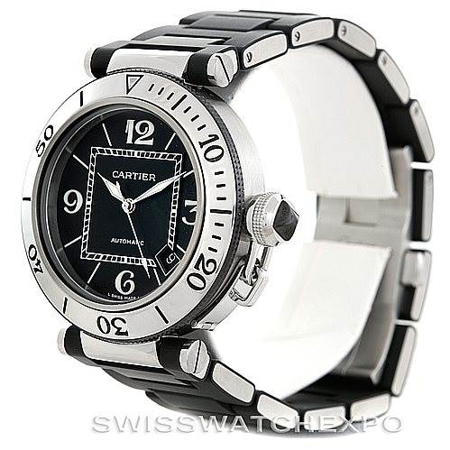 This image shows a side angle of the Cartier Pasha W31077U2 Men's Stainless Steel Black Dial W31077U2 Men's Stainless Steel Black Dial watch, highlighting the dial, bezel, and bracelet.