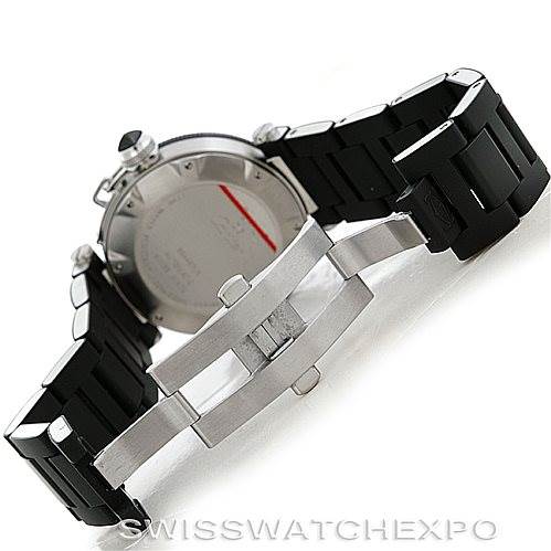 This is a rear angle view of the Cartier Pasha W31077U2 Men's Stainless Steel Black Dial W31077U2 Men's Stainless Steel Black Dial model watch, showing the back case and the clasp of the black strap.