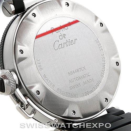 The image shows the back case of a Cartier Pasha W31077U2 Men's Stainless Steel Black Dial W31077U2 Men's Stainless Steel Black Dial watch, highlighting its stainless steel construction and automatic movement details.