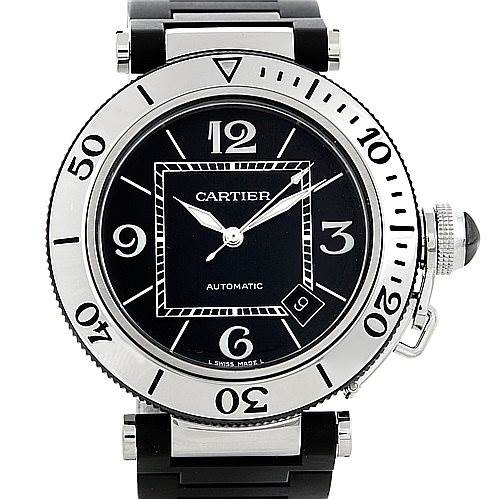 The image shows a front view of the Cartier Pasha W31077U2 Men's Stainless Steel Black Dial W31077U2 Men's Stainless Steel Black Dial watch, highlighting its bezel, dial, hands, and bracelet.