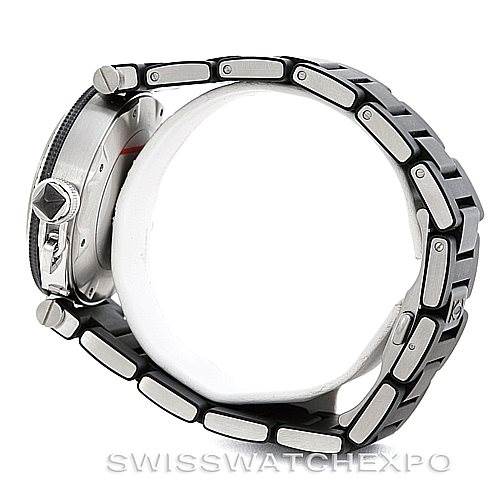 The image shows a Cartier Pasha W31077U2 Men's Stainless Steel Black Dial W31077U2 Men's Stainless Steel Black Dial watch from a side angle, highlighting its metallic bracelet and side of the watch case.